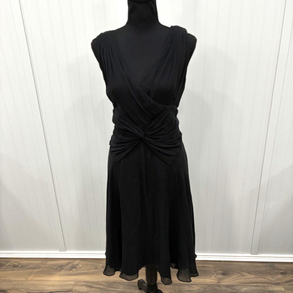 Adrianna Papell Women 16 Black Silk Faux Wrap Ruched Cocktail Party Midi Dress